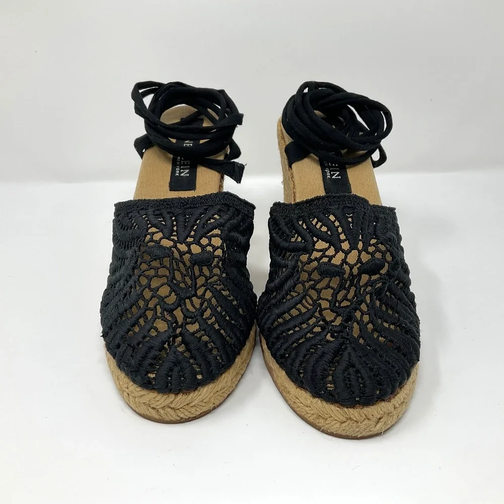 Anne Klein Espadrille Wedge Sandals Black Lace Up Ankle Wrap 38 7.5 Boho Classic